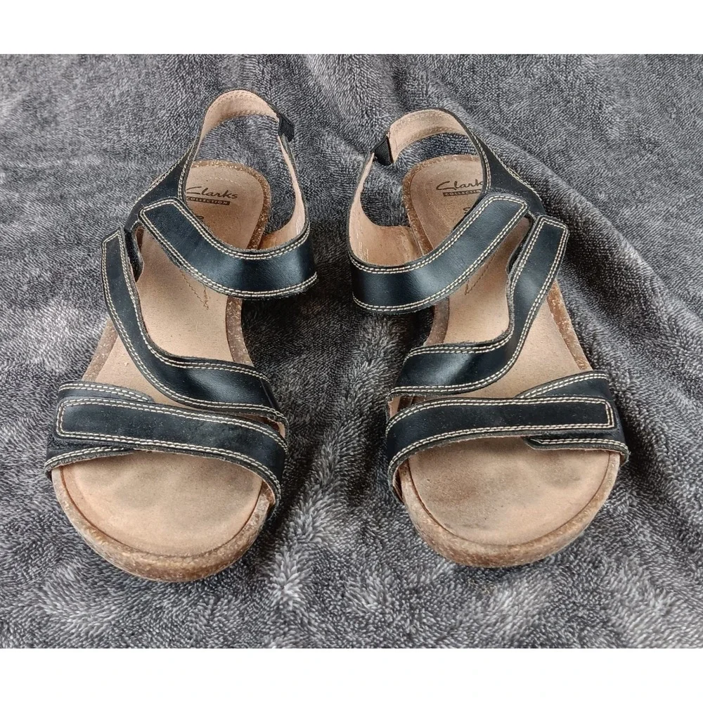 Clarks Collection Women Black‎ Leather Wedge Sandals Comfort Soft Cushion Size 8